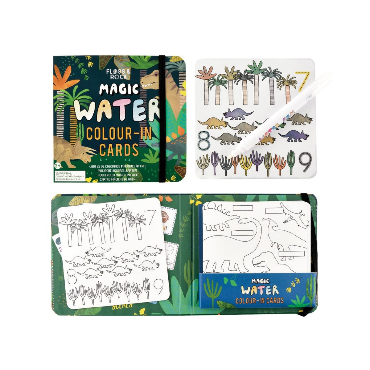 Magic water colour-in cards with dinosaur designs on a white background