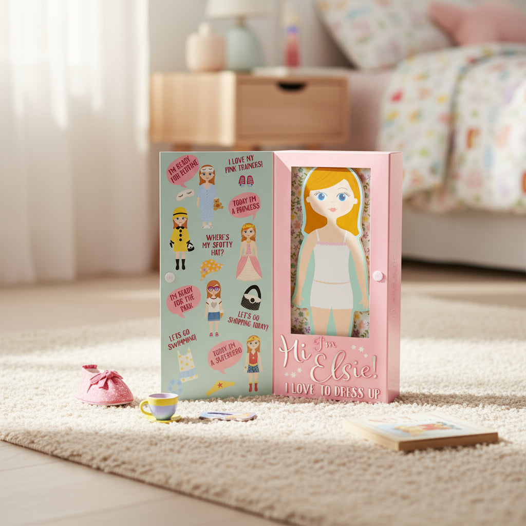 Magnetic Dress Up Doll packaging with character illustrations on a carpeted floor