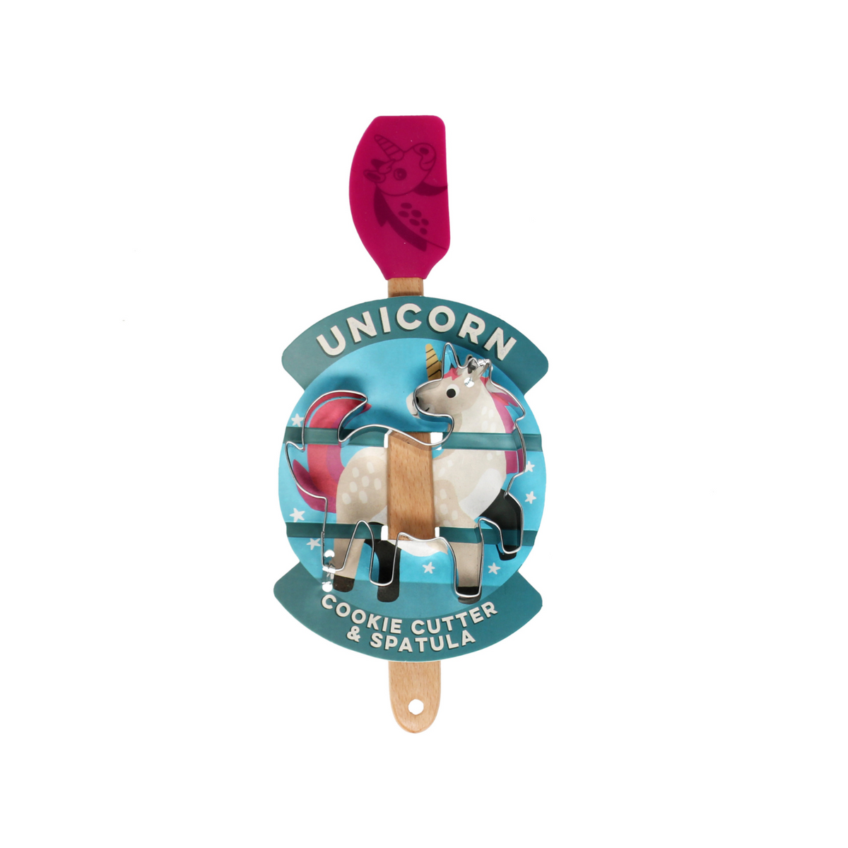 Unicorn-shaped cookie cutter and spatula set on a white background