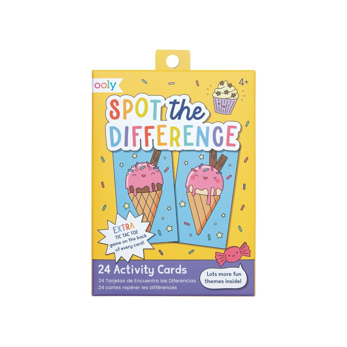 Packaging for &#39;Spot the Difference&#39; activity cards featuring illustrations of ice cream cones and outer space on yellow background, with text detailing the product name and quantity of 24 activity cards.