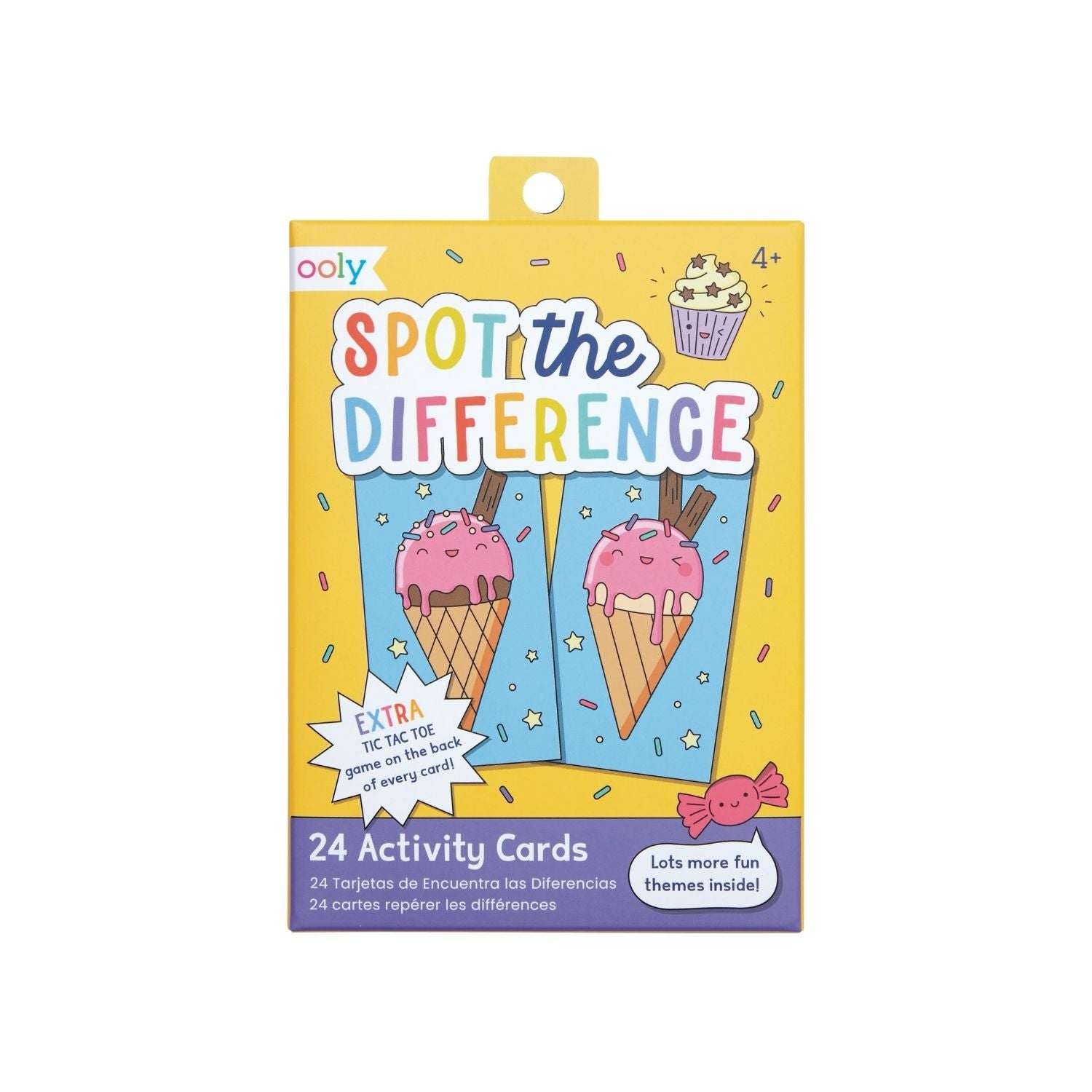 Packaging for 'Spot the Difference' activity cards featuring illustrations of ice cream cones and outer space on yellow background, with text detailing the product name and quantity of 24 activity cards.