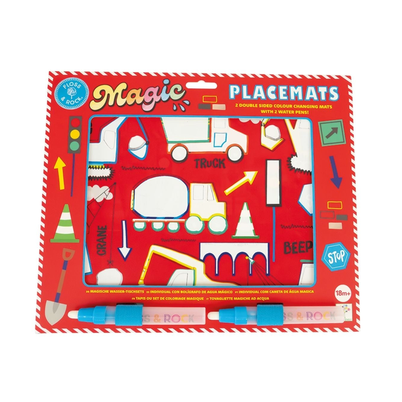 Packaged Magic Placemats with colorful designs on a white background