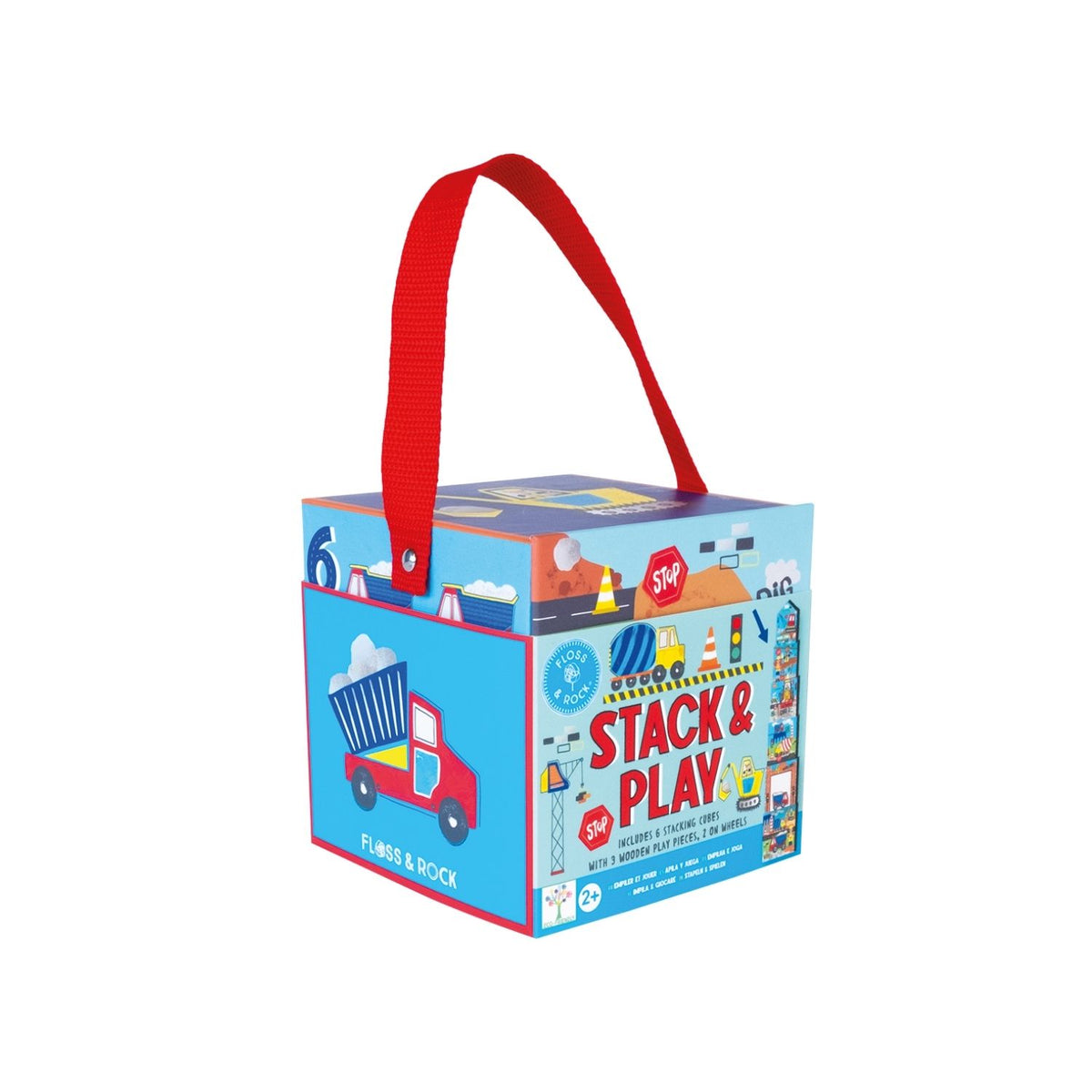 A colorful box with a carry handle, labeled &#39;Stack &amp; Play&#39;, featuring images of construction vehicles like diggers and trucks.