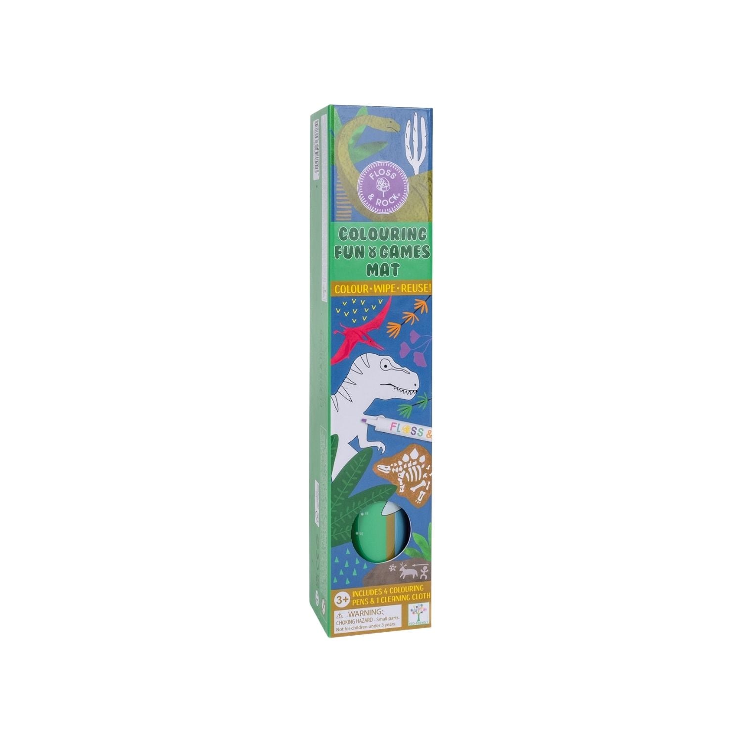 Packaging of a Colouring Fun and Games Mat with a dinosaur theme, including 4 color dry wipe pens and a cleaning cloth.