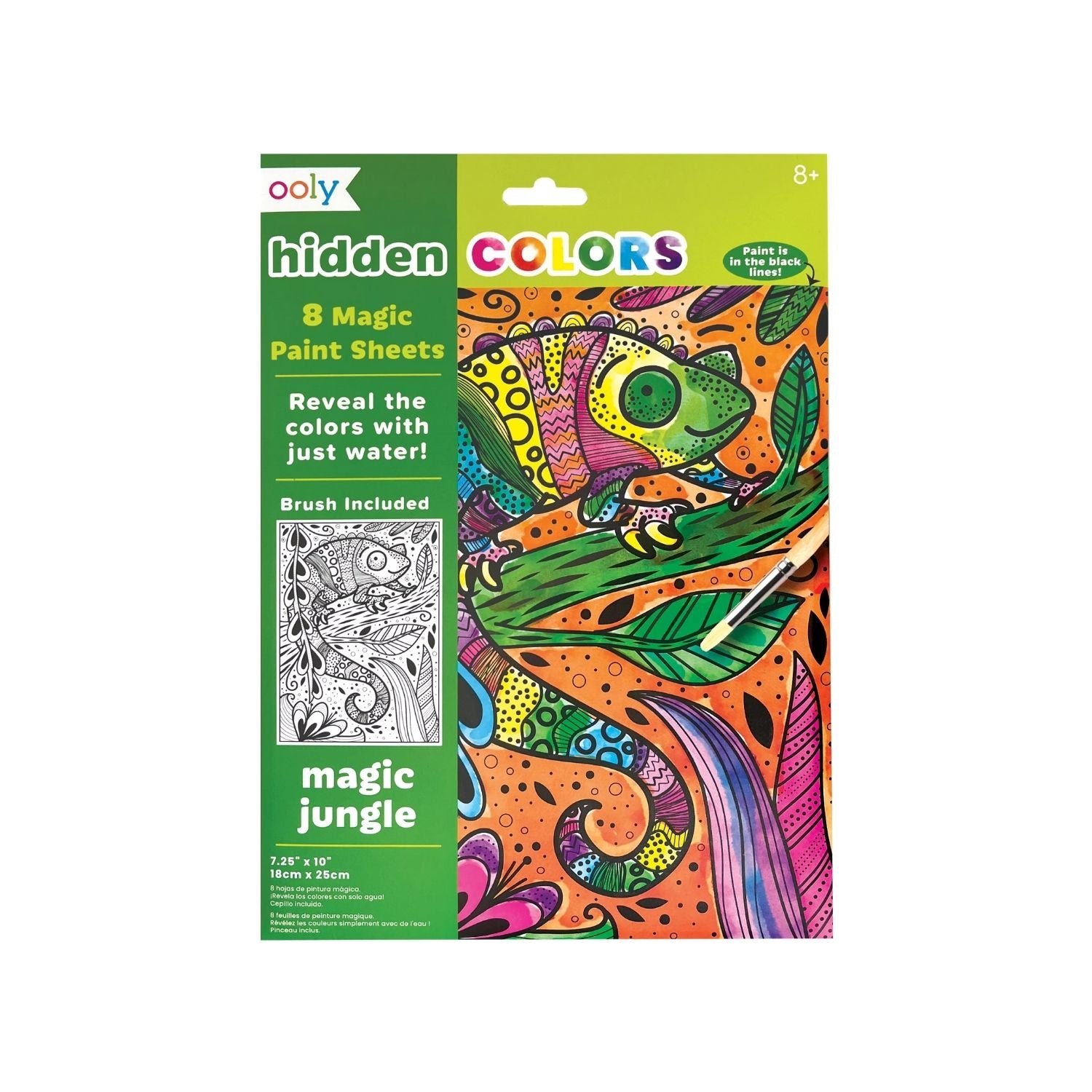 Packaging for Hidden Colours Magic Paint Sheets with 'Magic Jungle' theme, including 8 paint sheets and a brush, designed for revealing hidden colors by adding water.