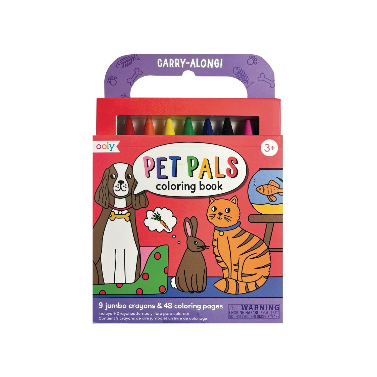 A carry along coloring book and crayon set featuring pet animals such as a dog, cat, and rabbit, with a colorful design on the packaging.