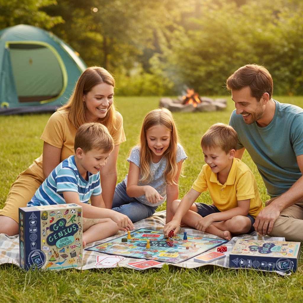 Family playing a board game outdoors with a tent and campfire in the background