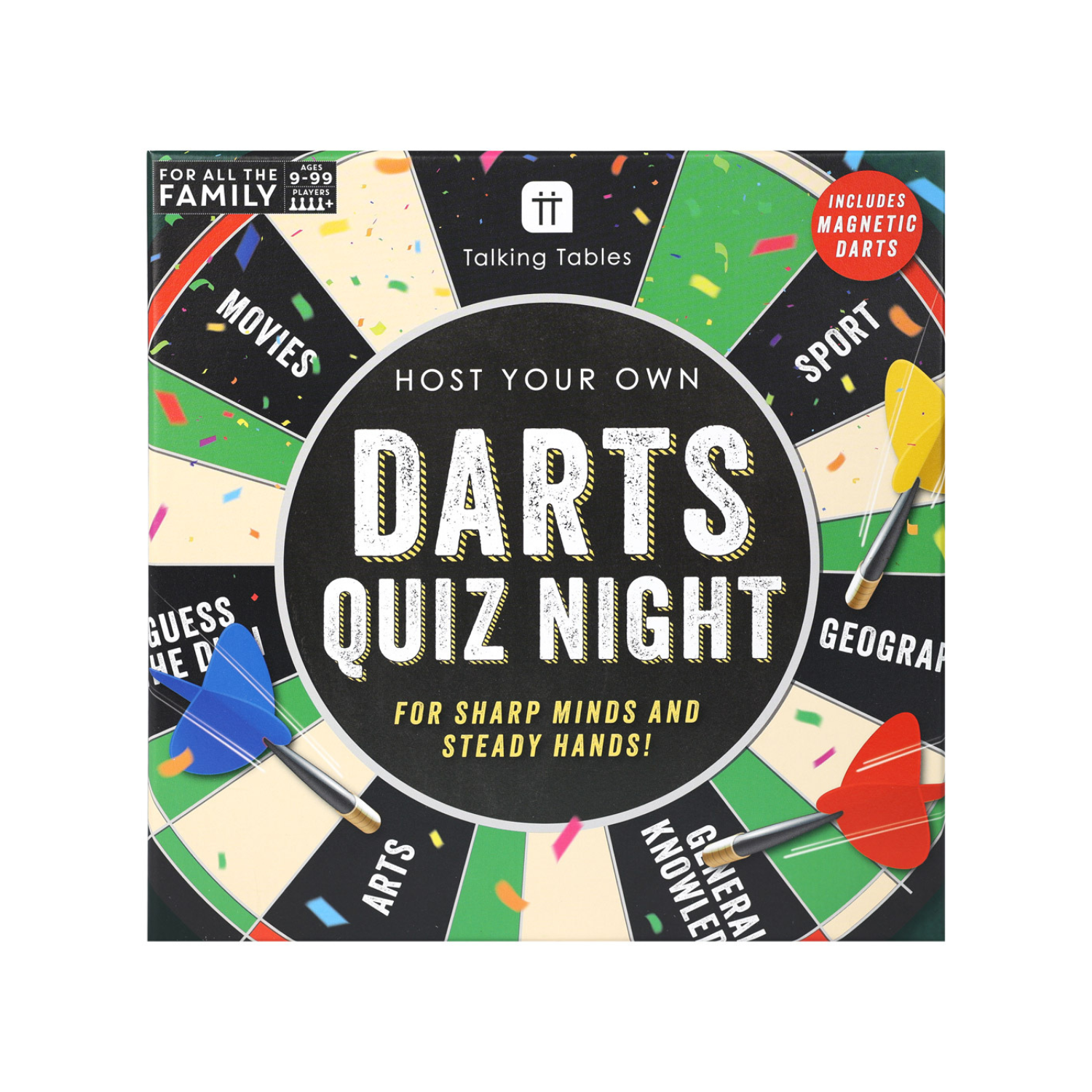 Darts quiz night game packaging with colorful design and text.