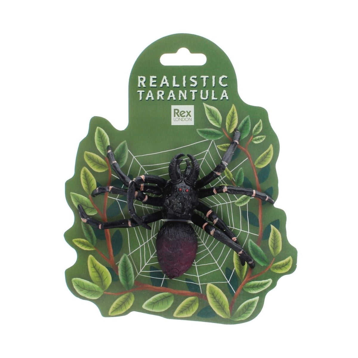 Realistic spider tarantula toy on a green packaging with 'Rex' branding