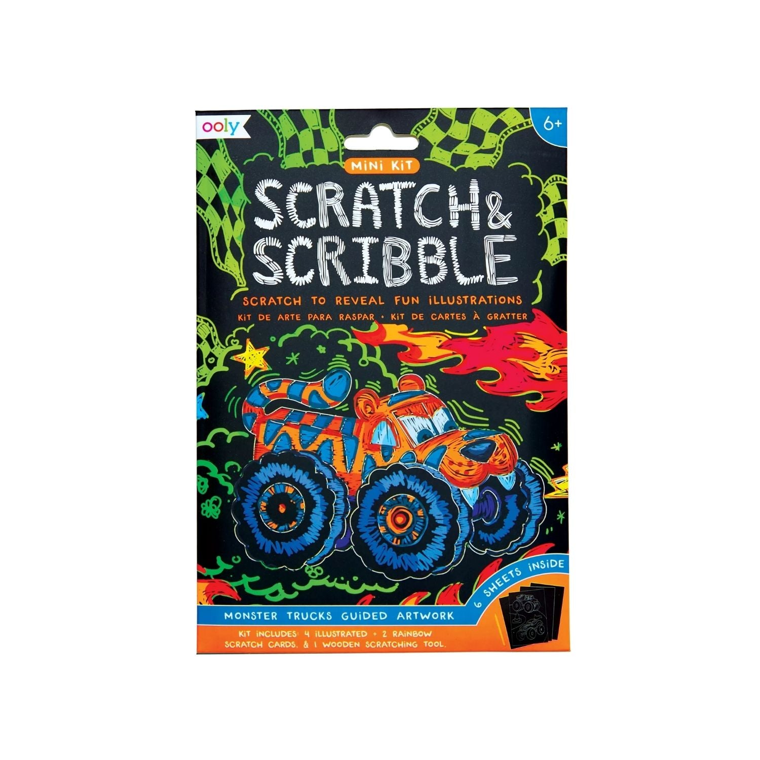 Packaging for a Mini Scratch & Scribble Art Kit featuring a colorful monster truck design.