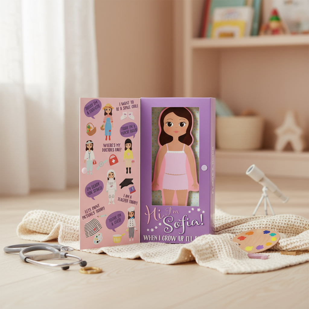 Magnetic Dress up Doll in a purple box with character options and 'Hi I'm Sofia!' text.