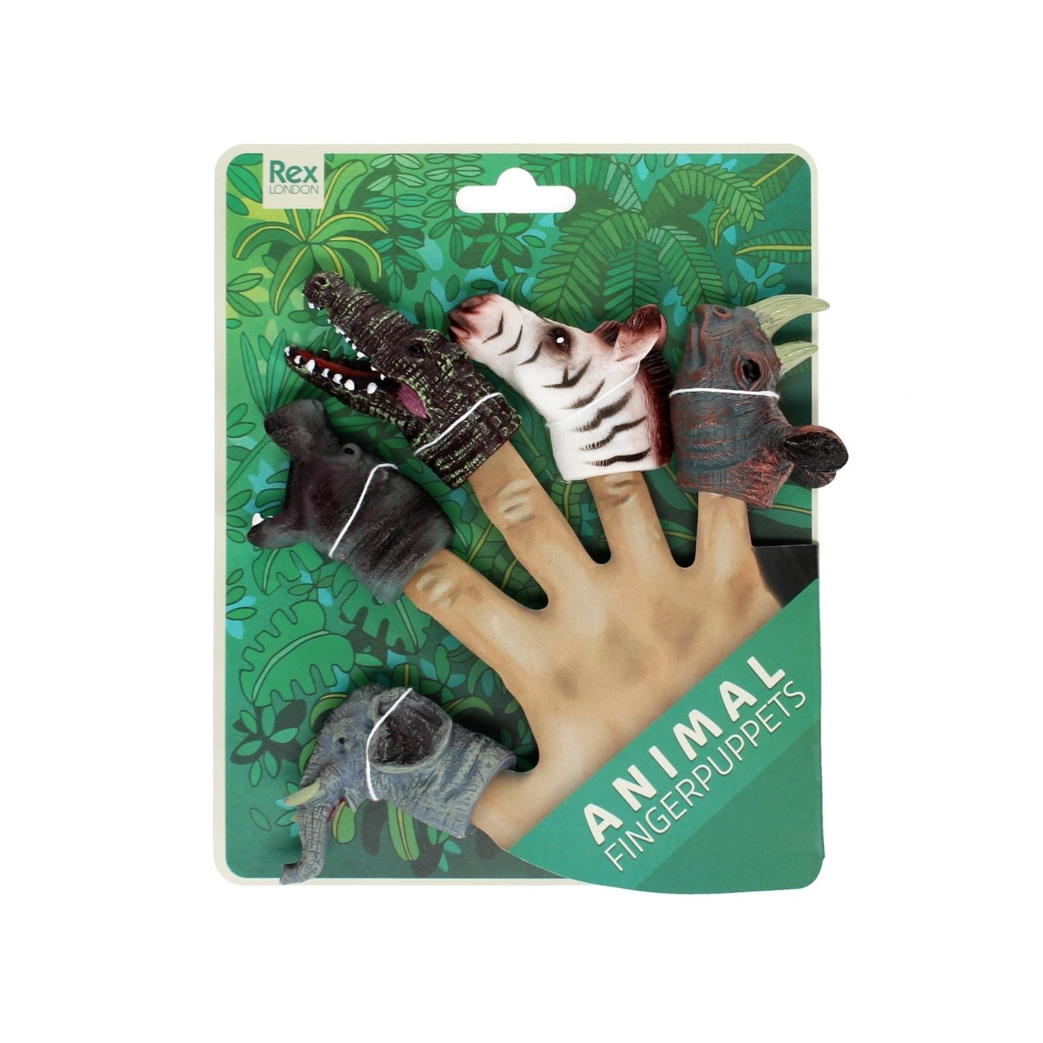 Packaged animal finger puppets with a hand model on a green leafy background