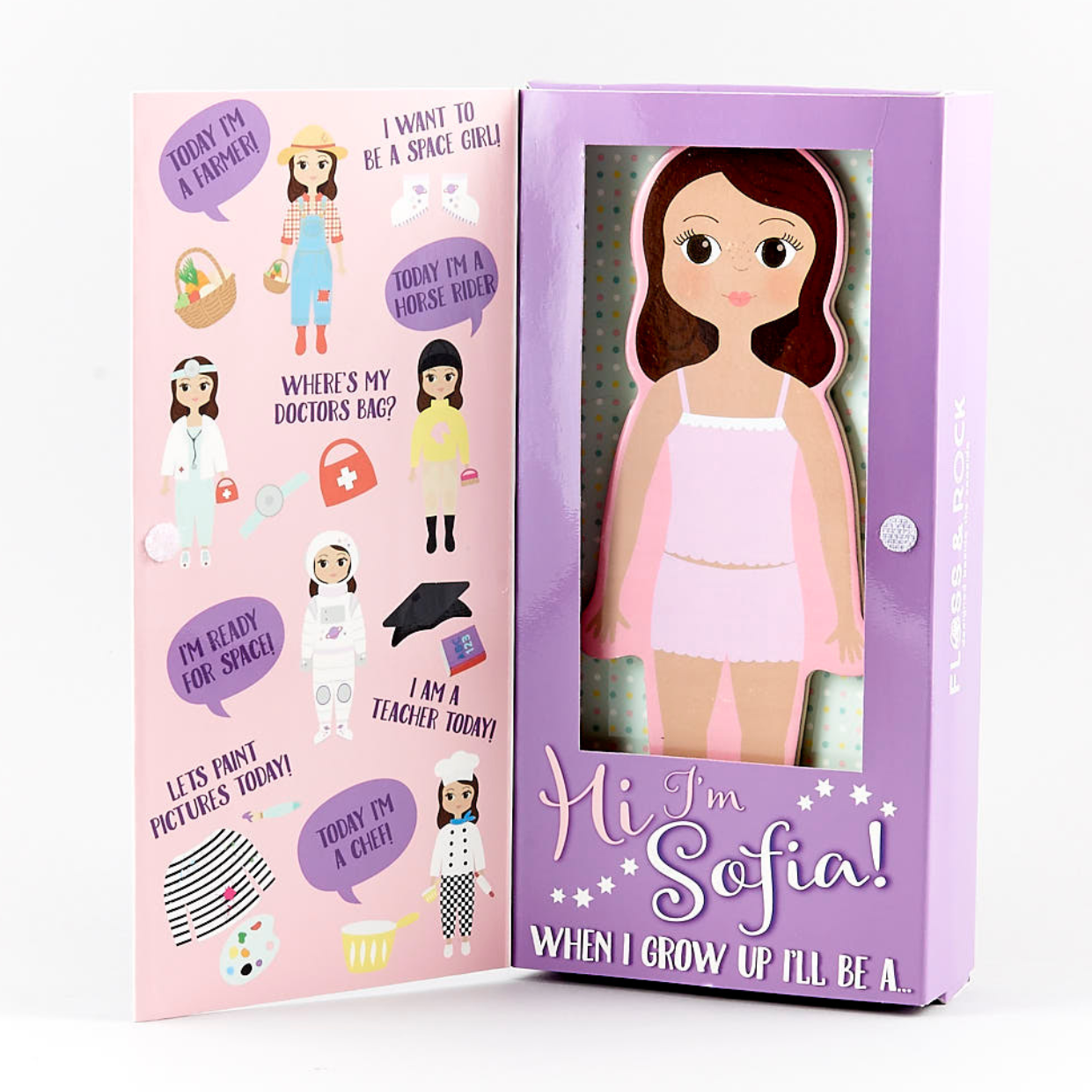 Magnetic Dress up Doll in a purple box with character options and 'Hi I'm Sofia!' text.