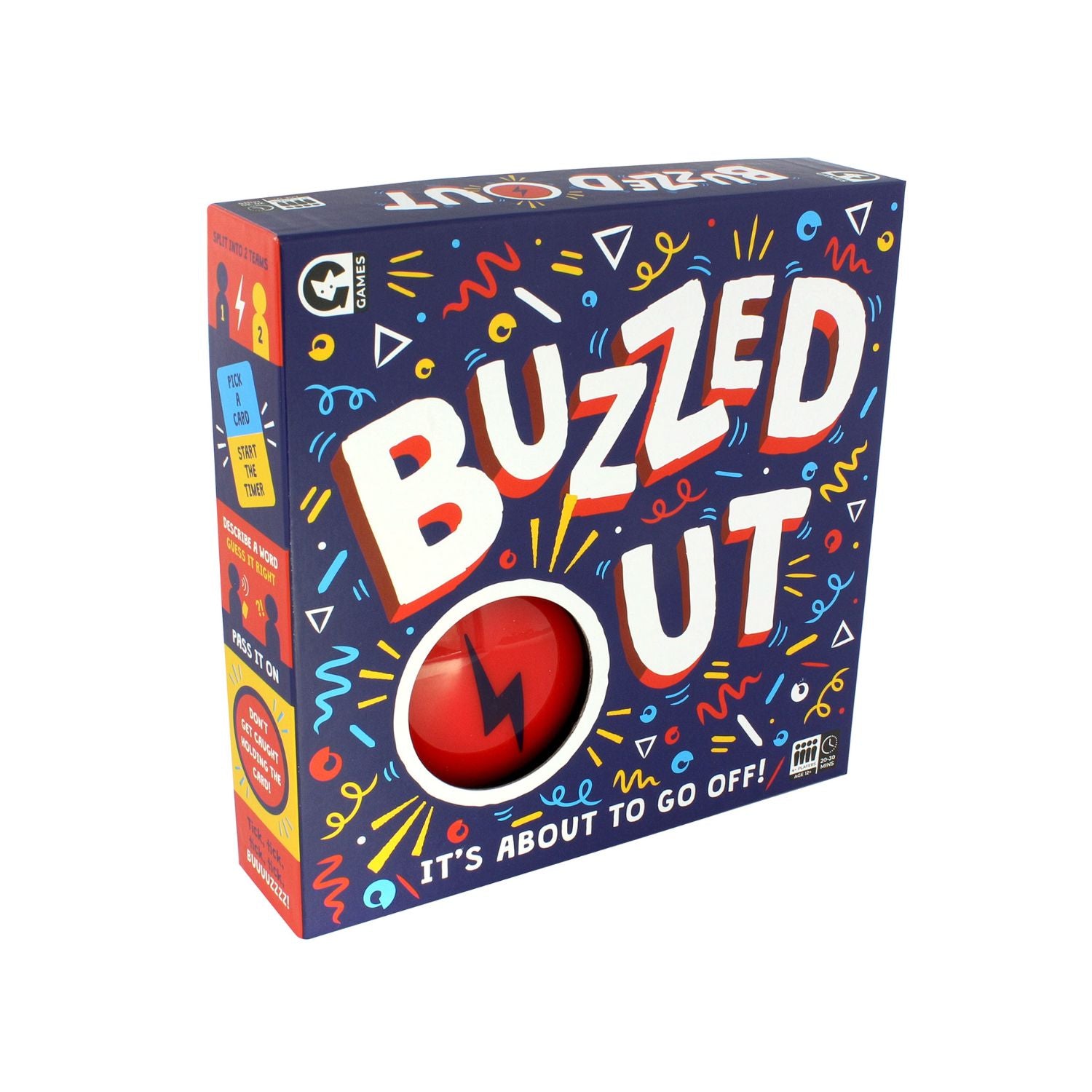 Board game box titled 'Buzzed Out' with colorful design on a white background