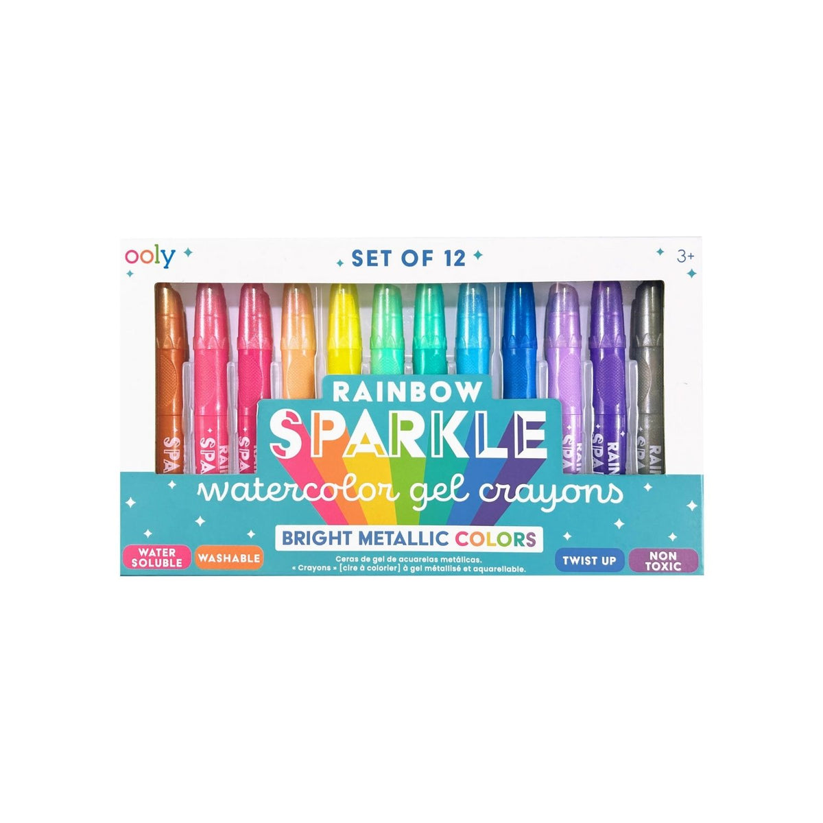 A set of 12 rainbow sparkle watercolour gel crayons by ooly, with each crayon featuring a metallic color. The packaging displays the crayons in a row with a label indicating the product is washable and has a twist-up mechanism.