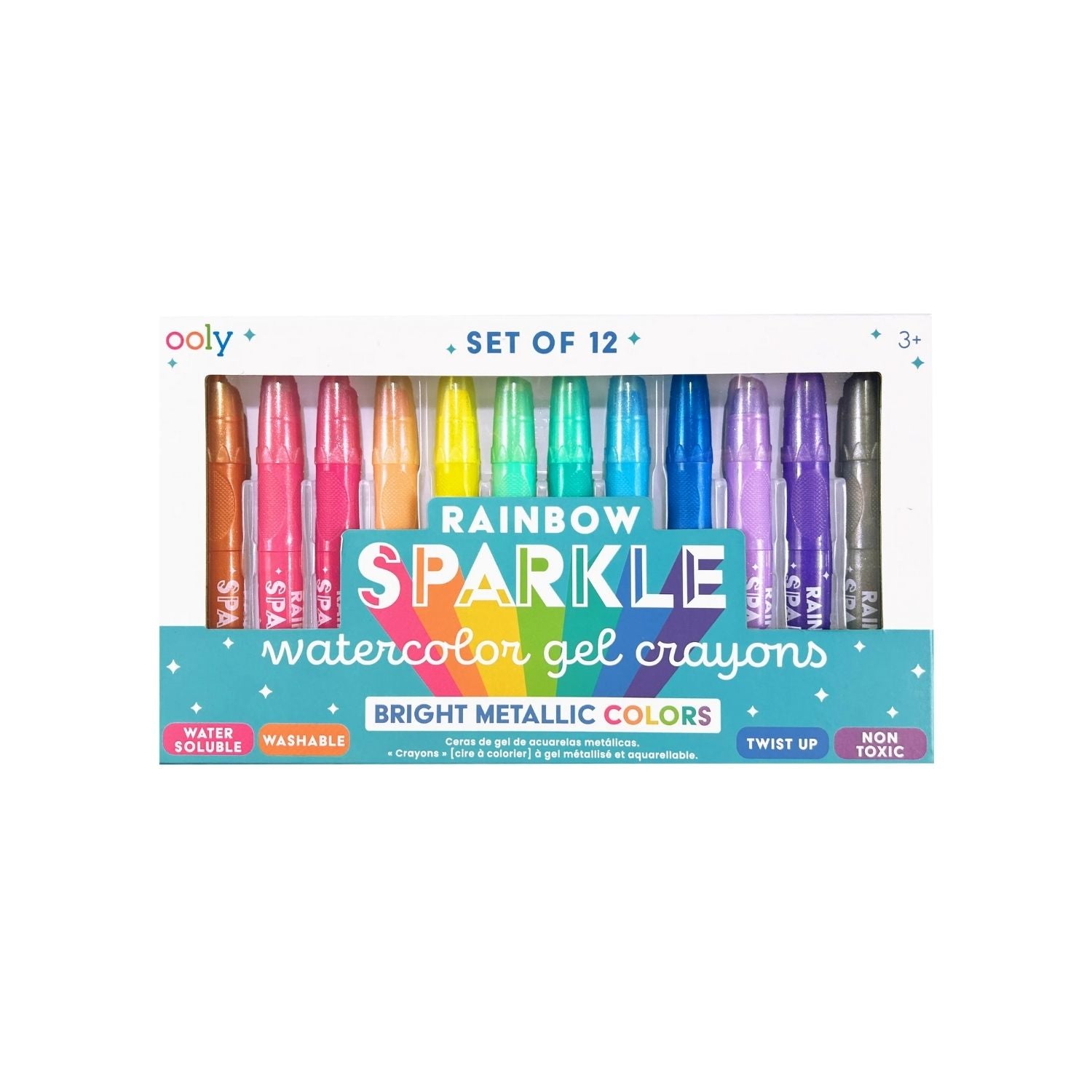 A set of 12 rainbow sparkle watercolour gel crayons by ooly, with each crayon featuring a metallic color. The packaging displays the crayons in a row with a label indicating the product is washable and has a twist-up mechanism.