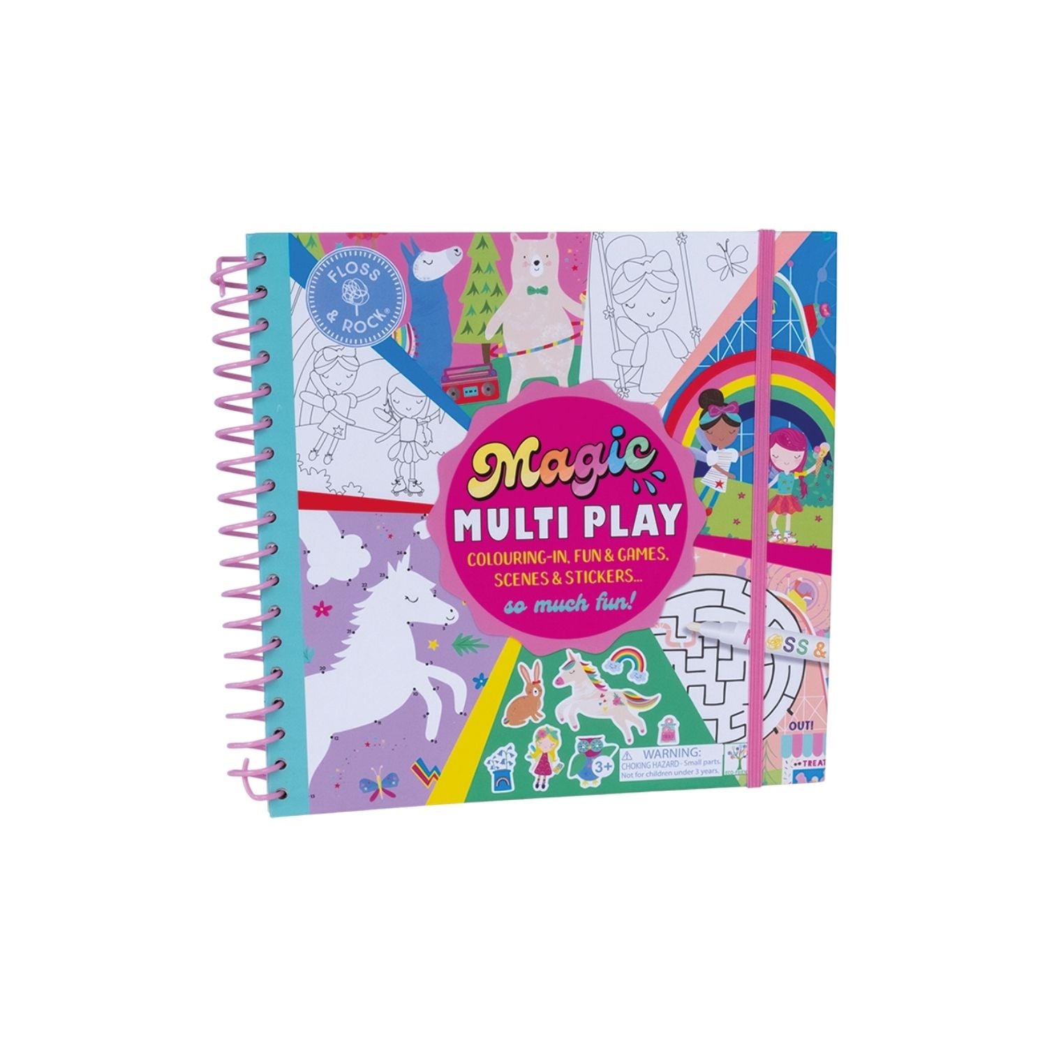 Coloring book titled 'Magic Multi Play' with spiral binding on a white background