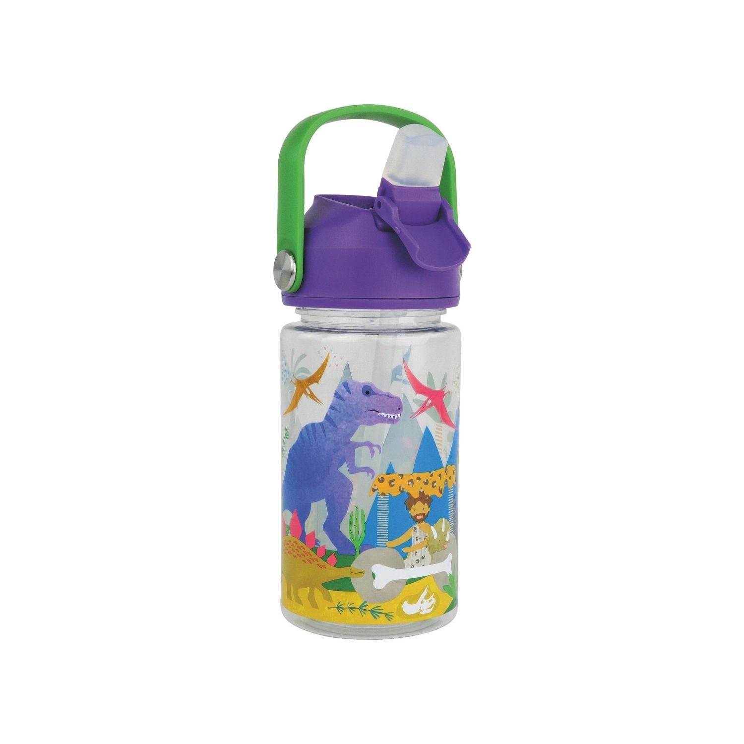 A 450ml Tritan drinks bottle with a dinosaur print design, featuring a purple carry handle and spout, and an extra straw.
