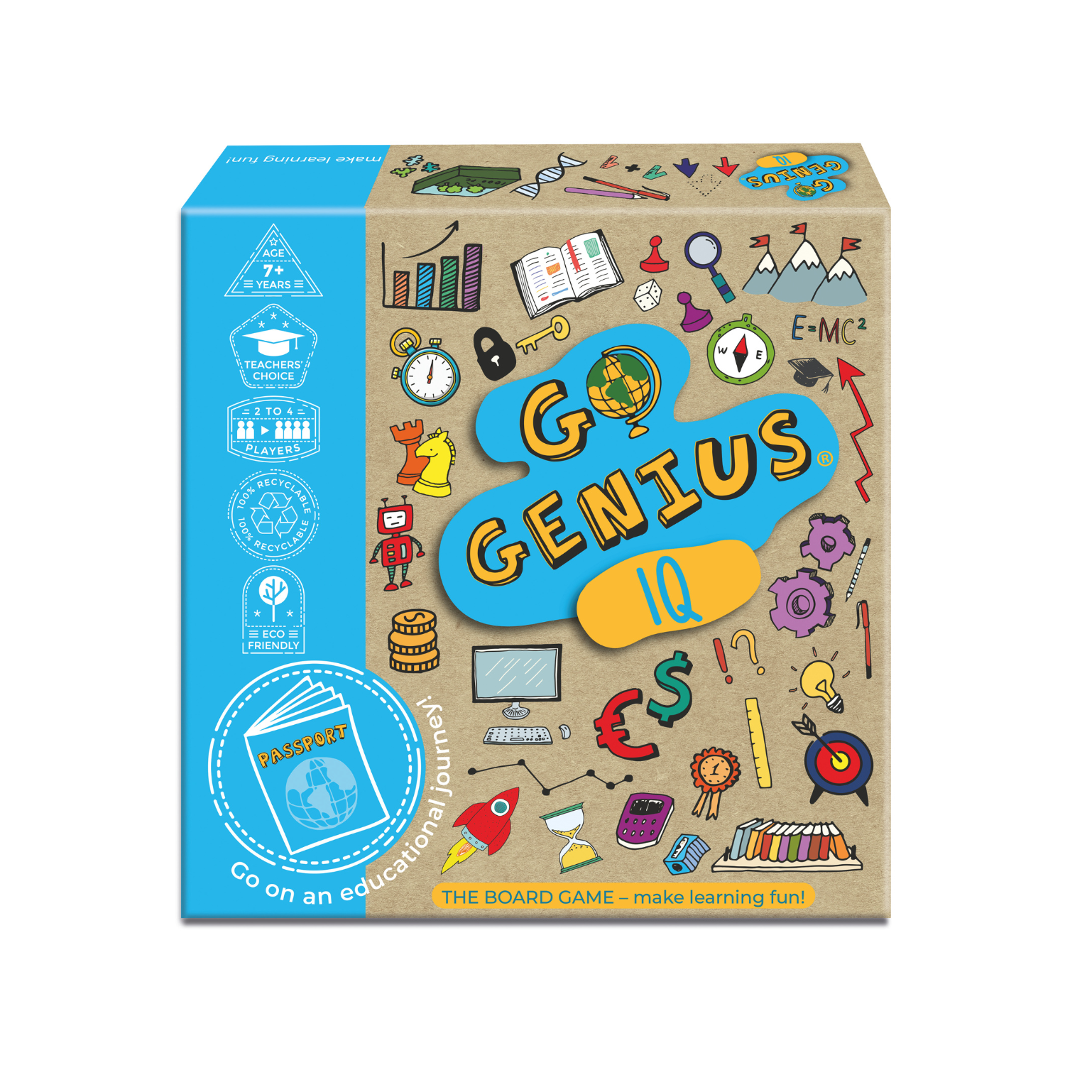 Board game box titled 'Go Genius IQ' with educational graphics on a white background