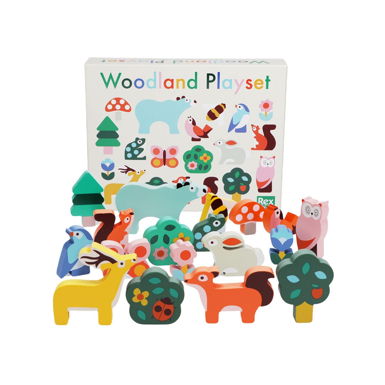 Wooden toys with 'Woodland Playset' creature toy set featuring eighteen wooden pieces including tall green trees, colourful flowers, forest animals, and tiny garden insects.