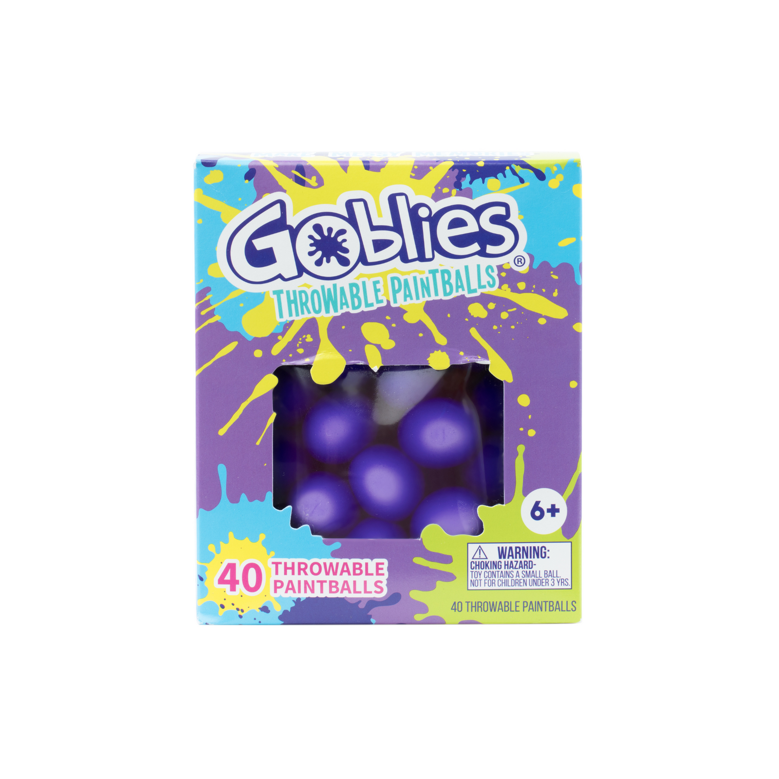 A package of Goblies Throwable Paintballs in purple color, with the product visible through a window on the box. The packaging is vibrant with splashes of purple and yellow, and text indicates the product is suitable for ages 6 and up, and includes 40 paintballs.