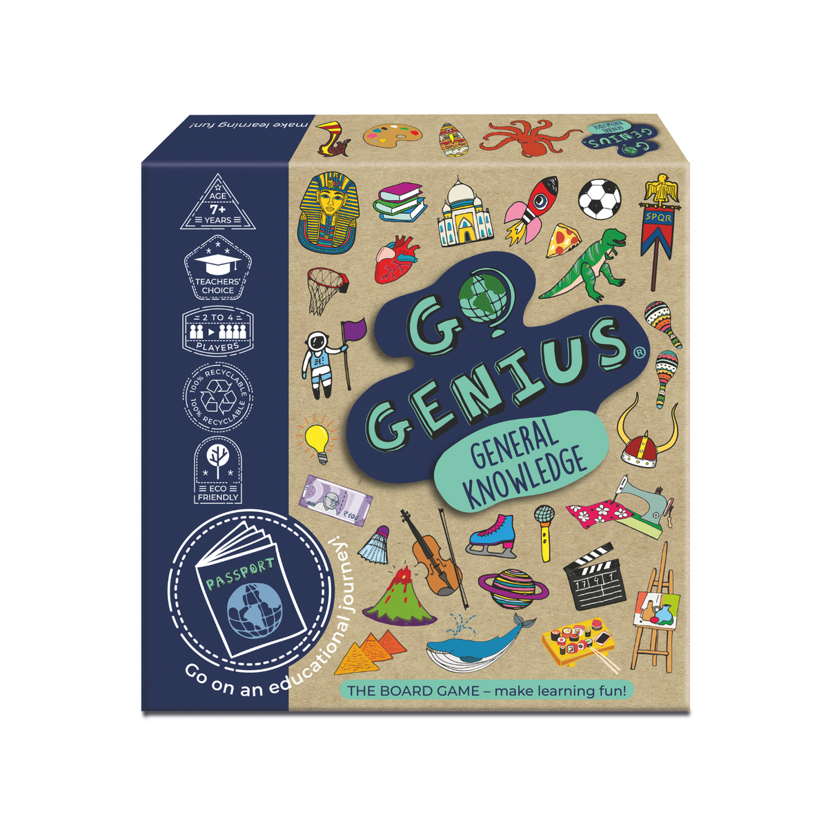 Board game box titled 'Go Genius' with colorful illustrations on a white background