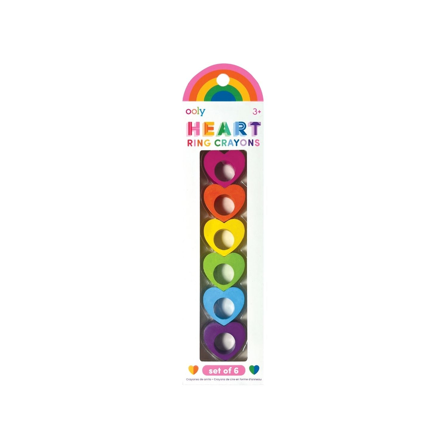A pack of six heart-shaped ring crayons in rainbow colors, displayed in a clear plastic packaging with a multicolored design at the top.