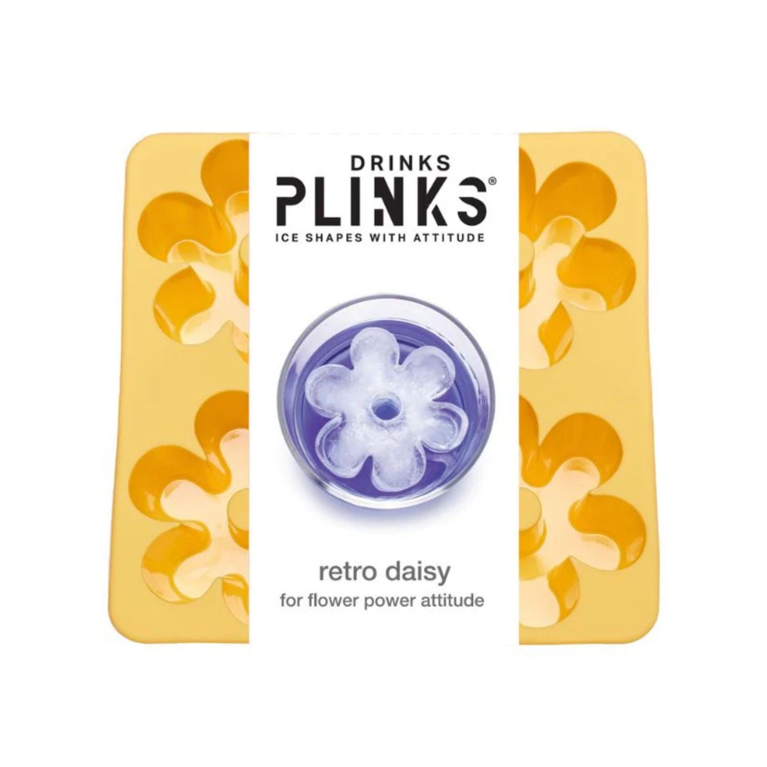Plinks ice cube tray with retro daisy design on a white background
