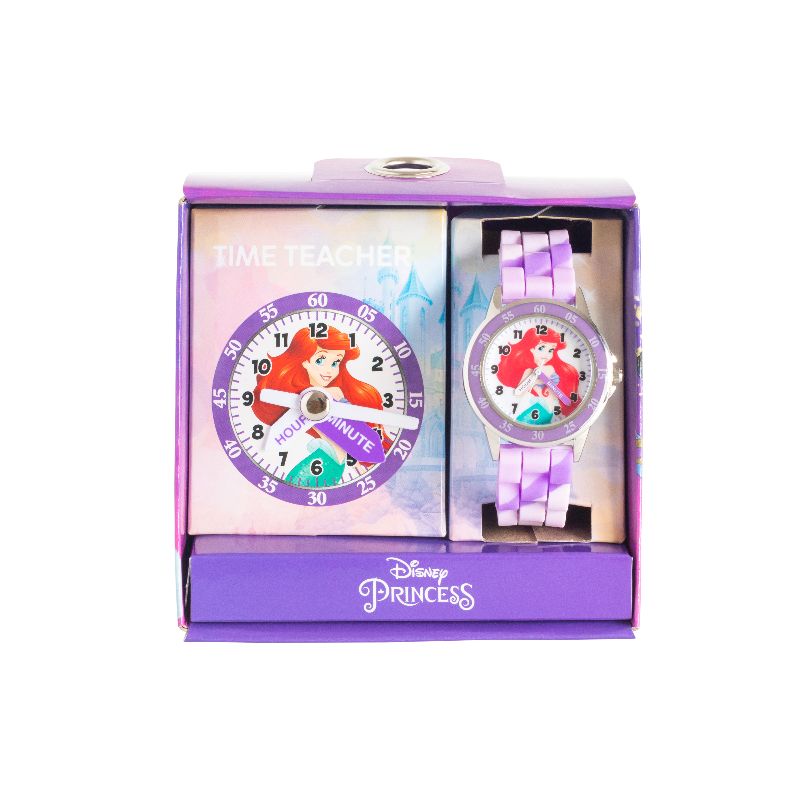A children's Ariel-themed time teacher watch with a purple band and dial, packaged in a themed gift box.
